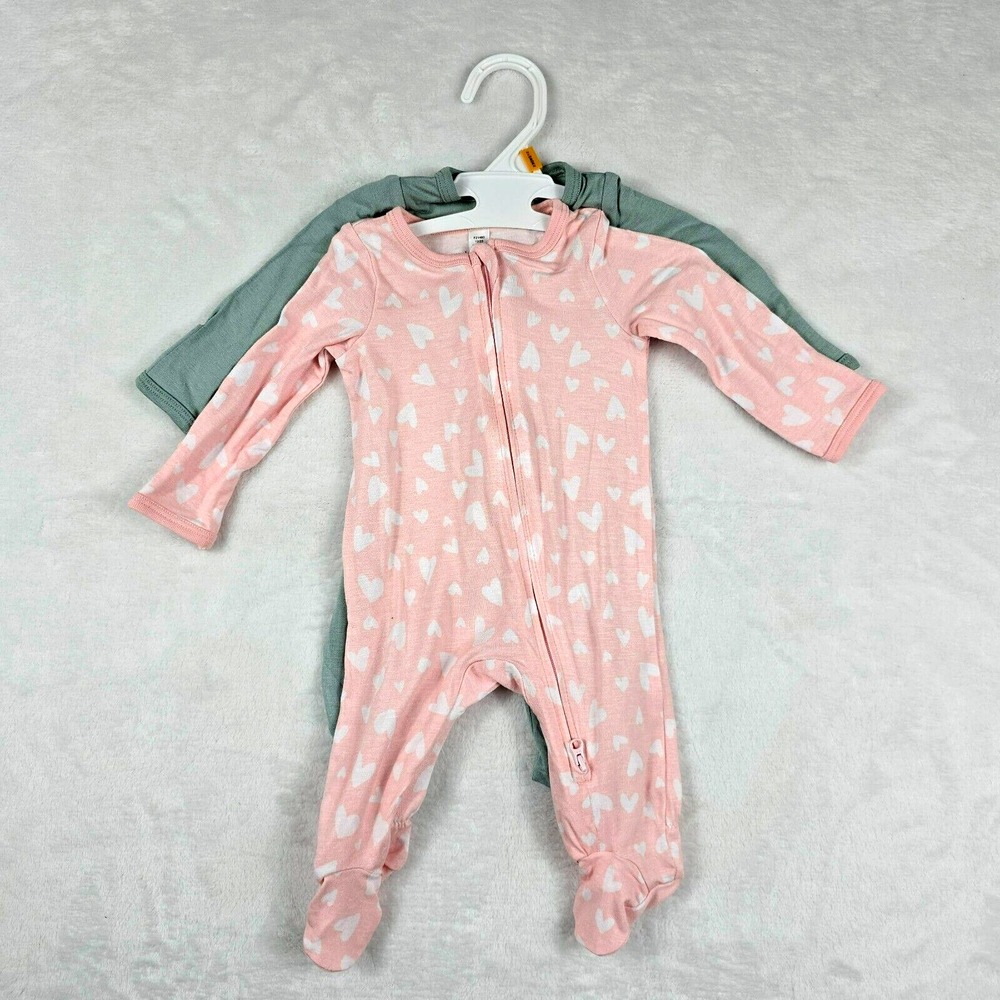 Okie Dokie Newborn 2 Pack Footed Pajamas Pink Green Hearts Rayon New‎